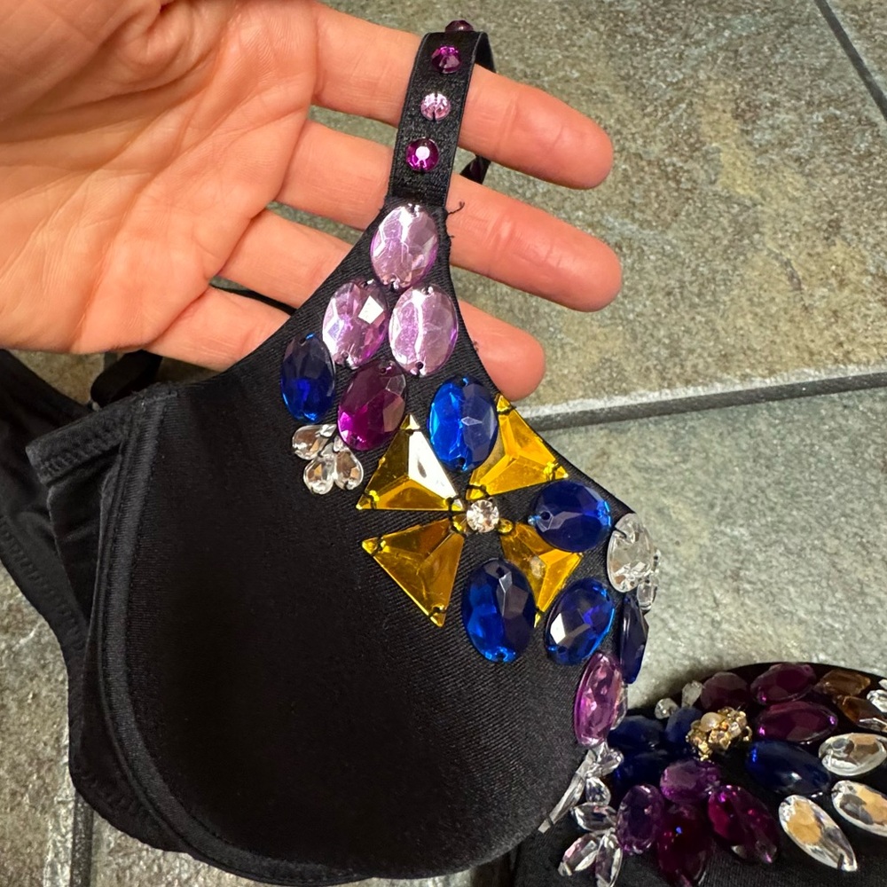 Jeweled Crystal Embellished Black Bra with Multicolor Gemstones - Picture 3 of 11
